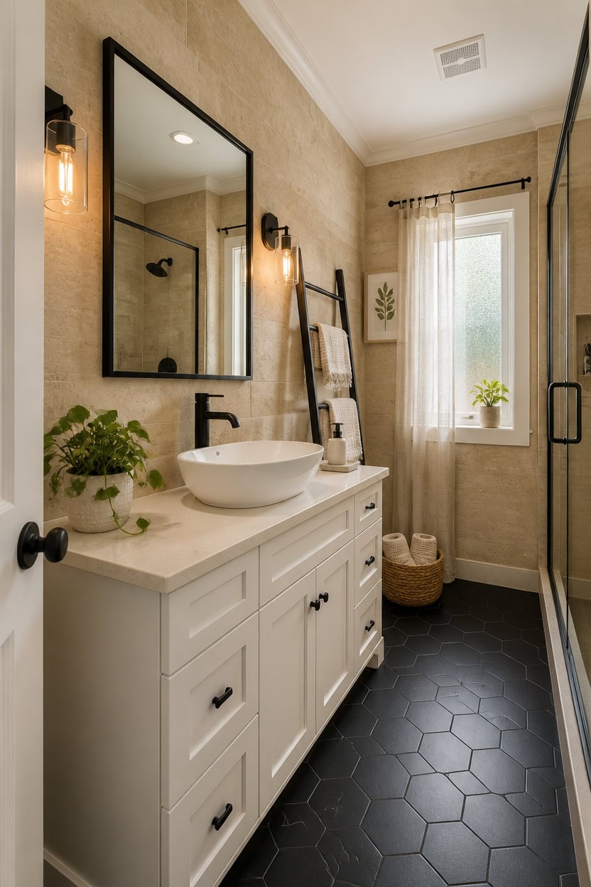 Contemporary bathroom featuring a white vanity, black fixtures, and a glass shower enclosure.