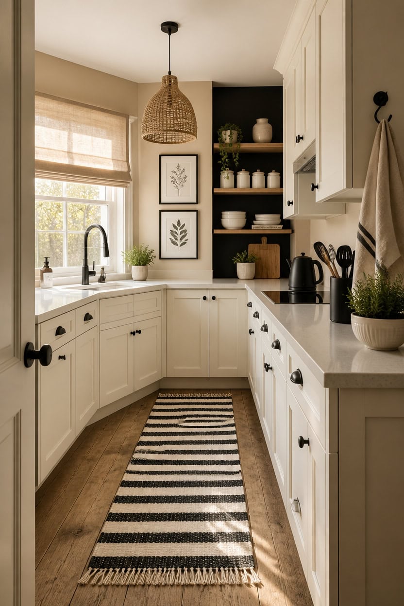Bright and cozy kitchen with white cabinets, open shelving, and natural sunlight.
