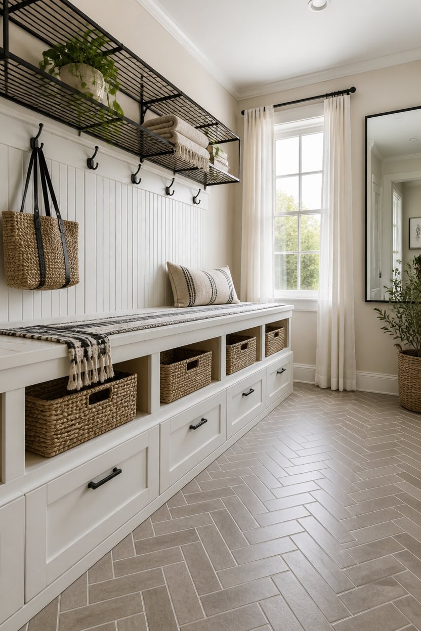 Entryway with built-in storage, baskets, and wall shelves in a modern apartment.