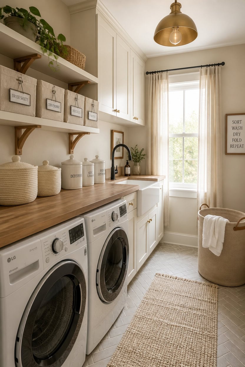Bright laundry room featuring washer and dryer, white cabinetry, open shelves, and a large window with curtains.