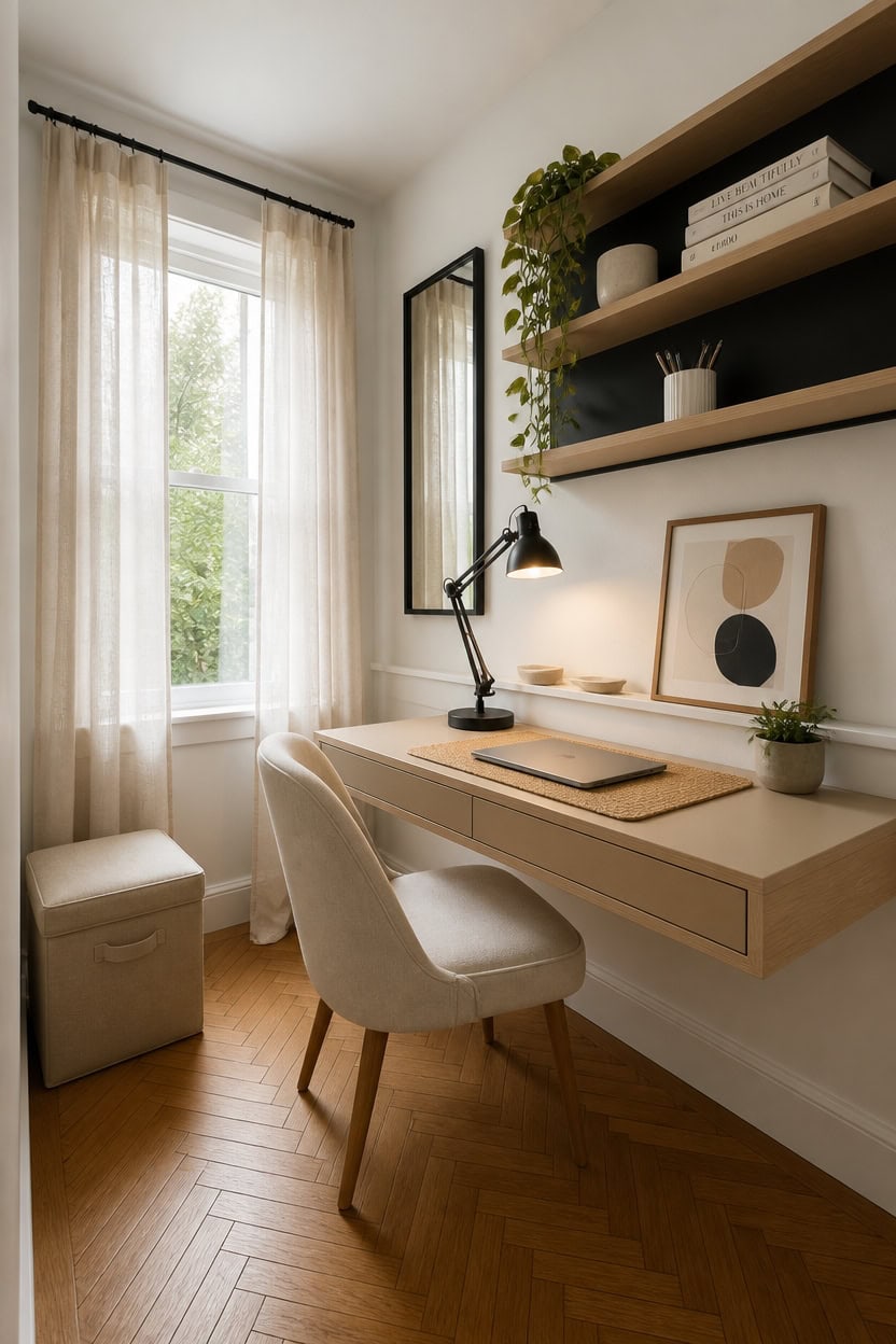 Bright home office with desk, chair, shelves, and large window for natural light.