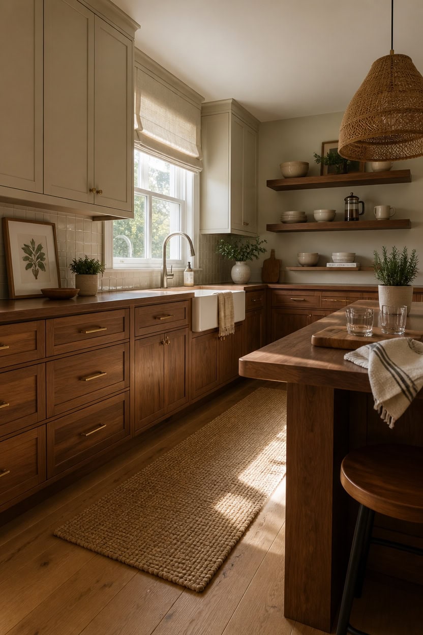 Bright kitchen with wooden cabinets and open shelving, featuring a large window and natural decor el.
