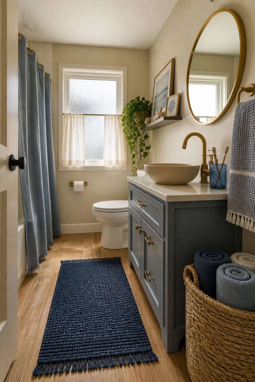Bright bathroom featuring a blue vanity, round mirror, and natural light from a window. Decor includ.