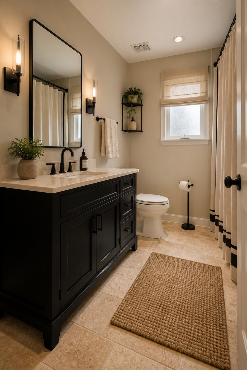 Modern bathroom featuring a black vanity, mirror, and natural light from a window.