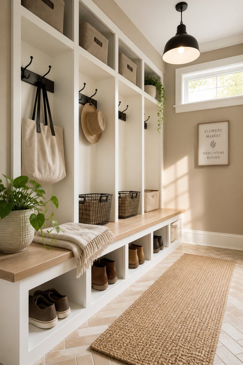 Entryway storage with hooks, baskets, and shoe shelves in a bright, organized mudroom.