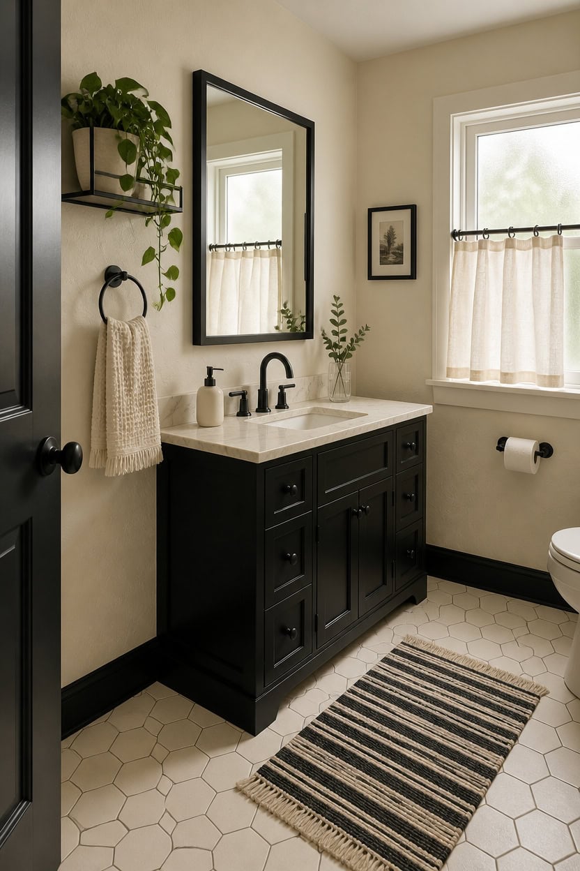 Modern bathroom featuring a black vanity, large mirror, and natural light from a window.