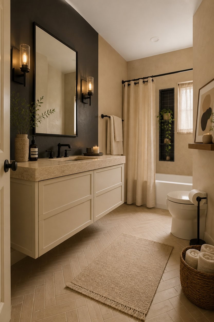 Bright and inviting bathroom featuring a stylish vanity, large mirror, and contemporary lighting, pe.