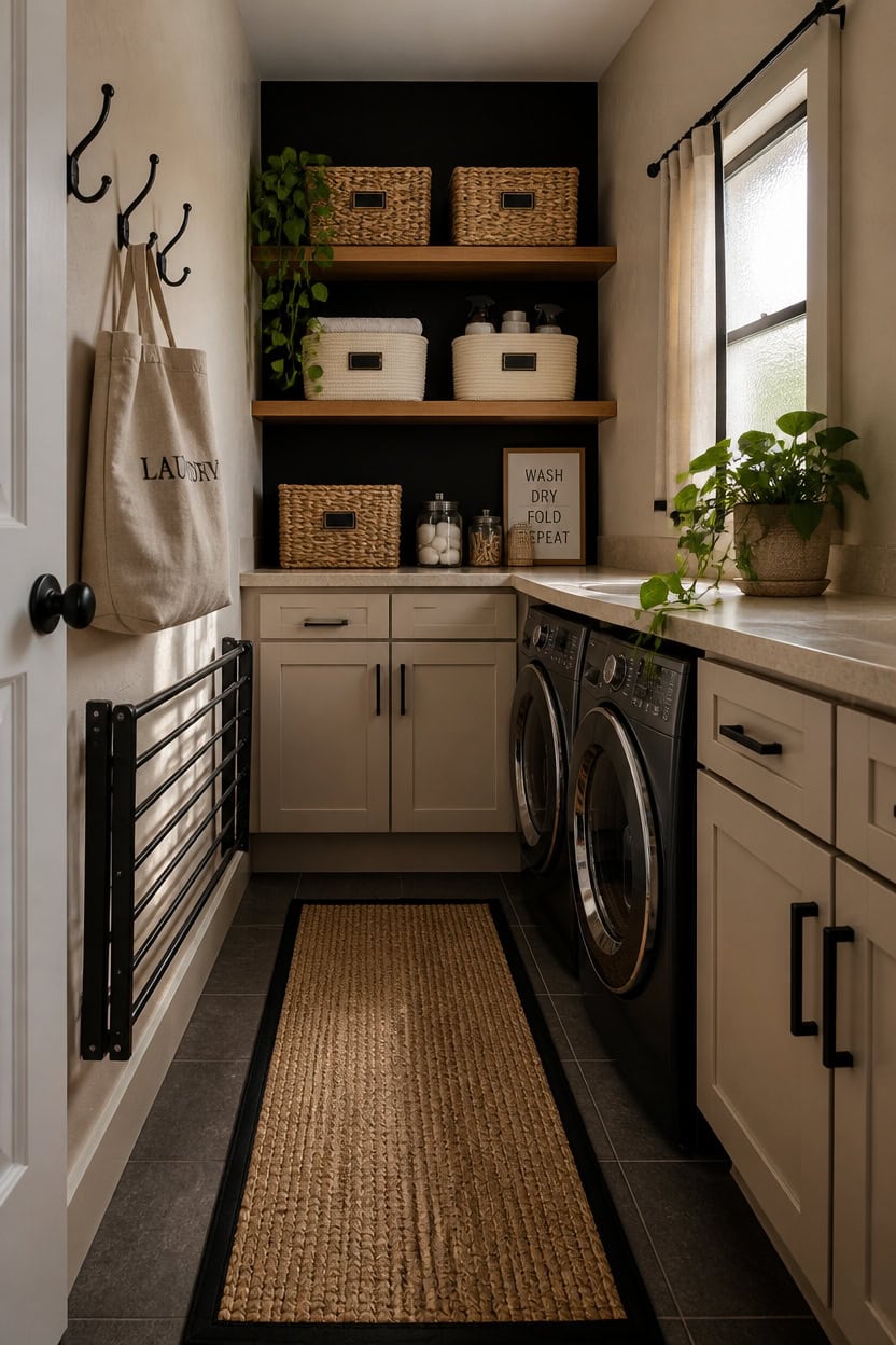Small laundry room with washer, storage baskets, and plants for a functional space.