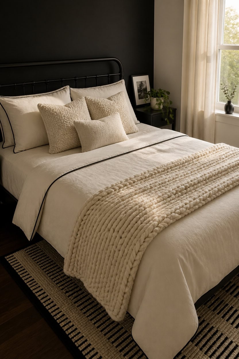 Modern bedroom with neutral tones, plush pillows, and natural light from large window.