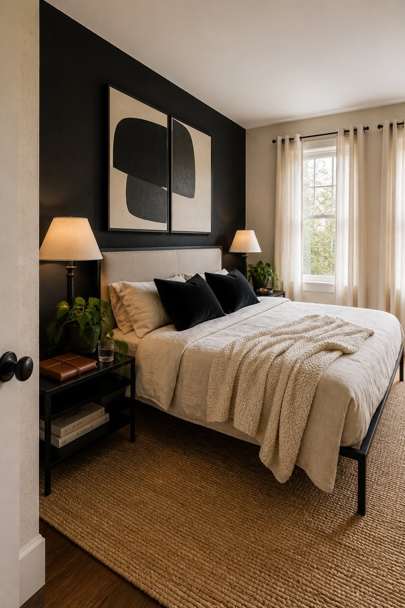 Bright and cozy bedroom featuring a large bed, abstract wall art, and natural sunlight streaming thr.