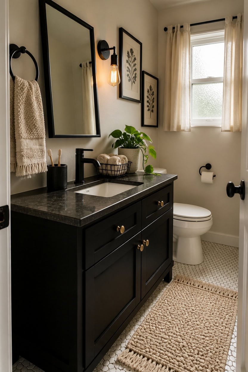 Modern bathroom featuring a black vanity, framed mirrors, and natural light from a window.