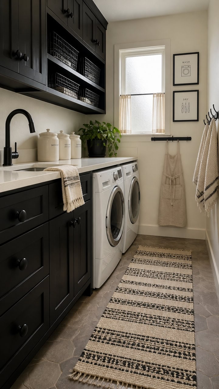 Bright laundry room featuring black cabinetry, a white countertop, and a window with natural light.