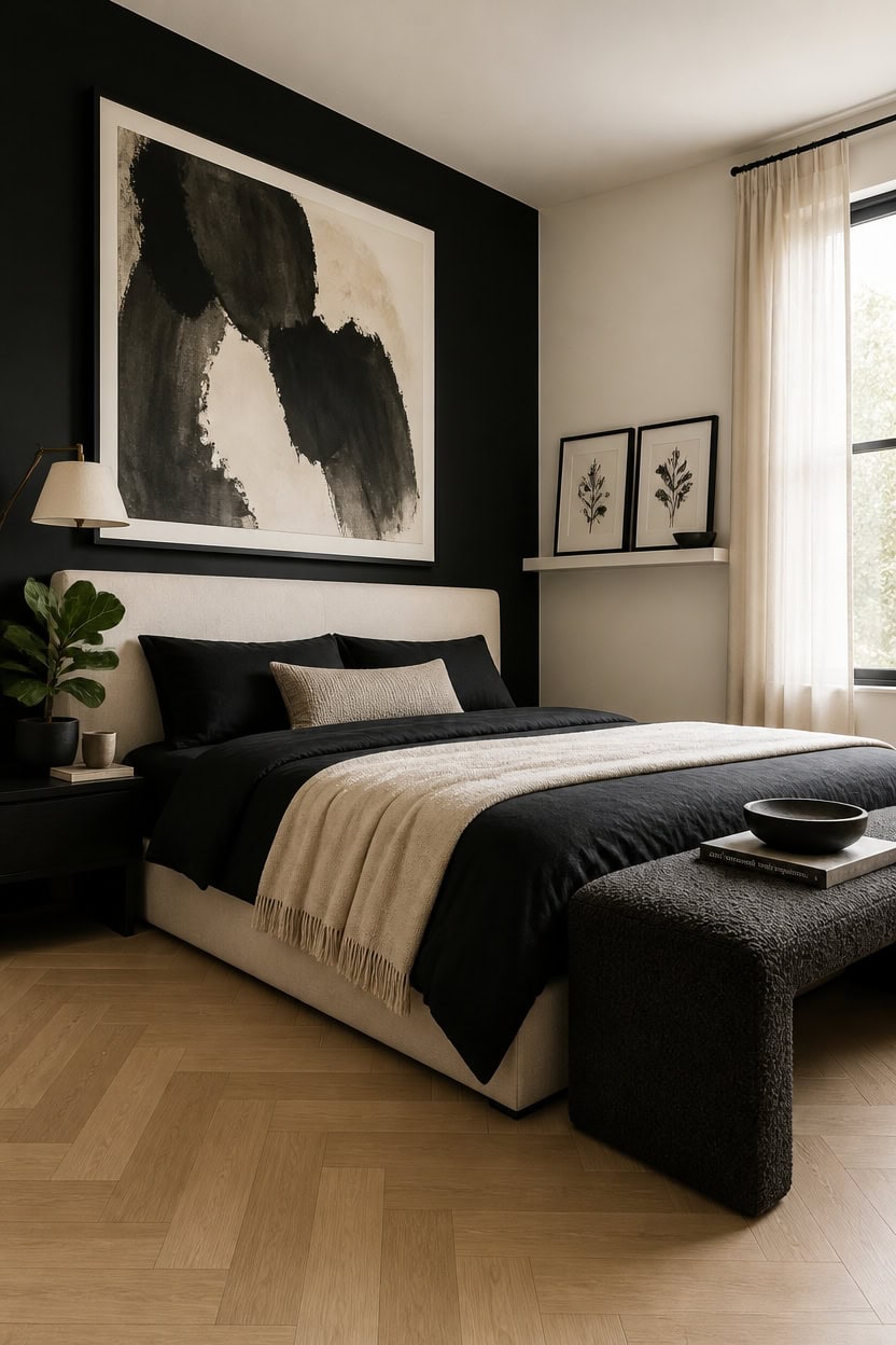 Stylish bedroom featuring black and white decor, artwork, and natural light from large window.