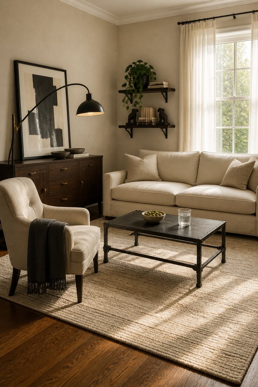 Bright living room with beige sofa, armchair, and large window.