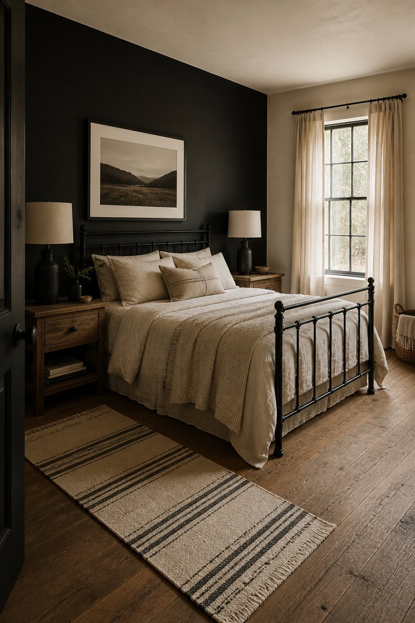 Cozy bedroom featuring a black metal bed frame, neutral bedding, and natural light from large window.