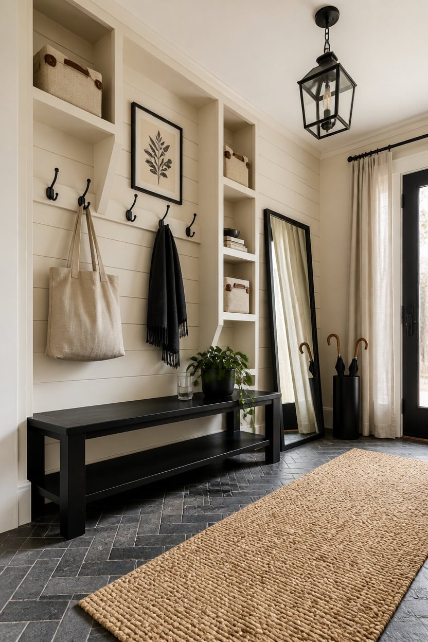 black and cream mudroom design