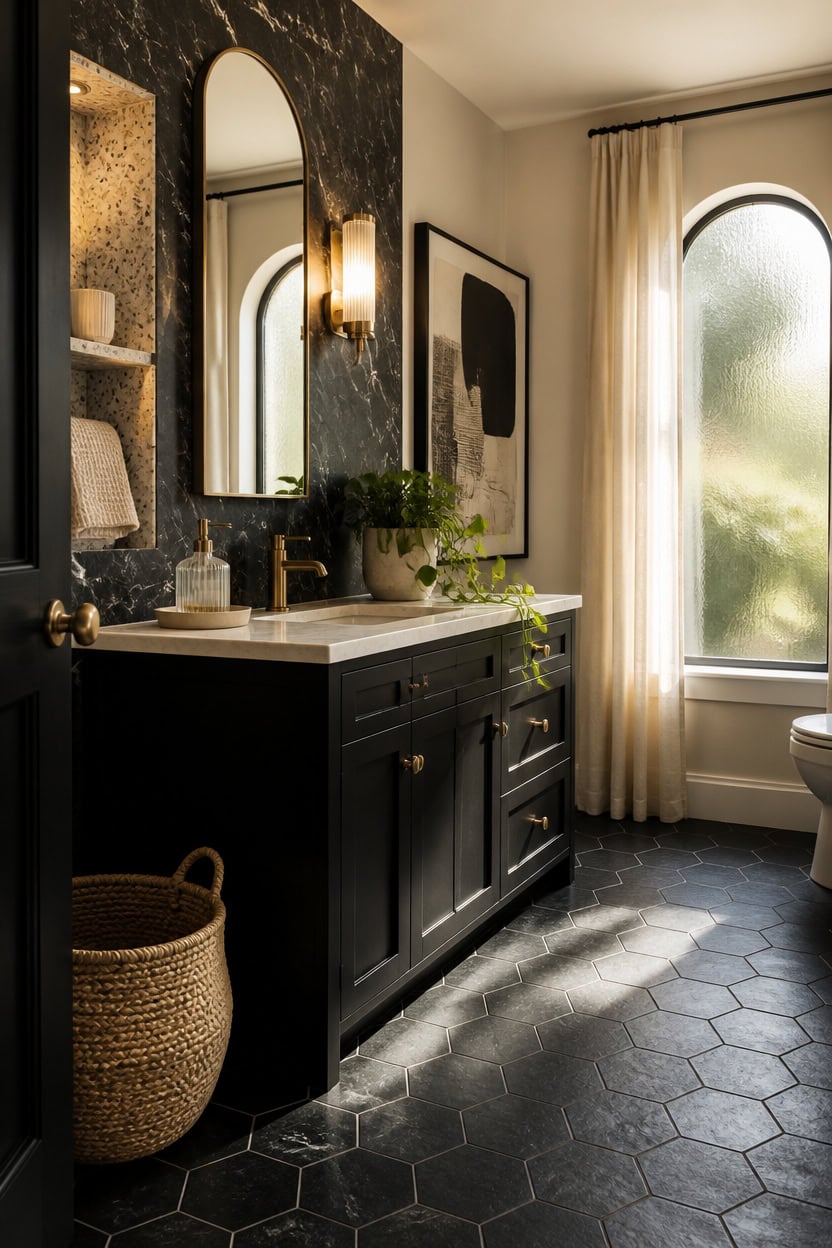 Bright bathroom featuring a black vanity, large arched window, and elegant decor.