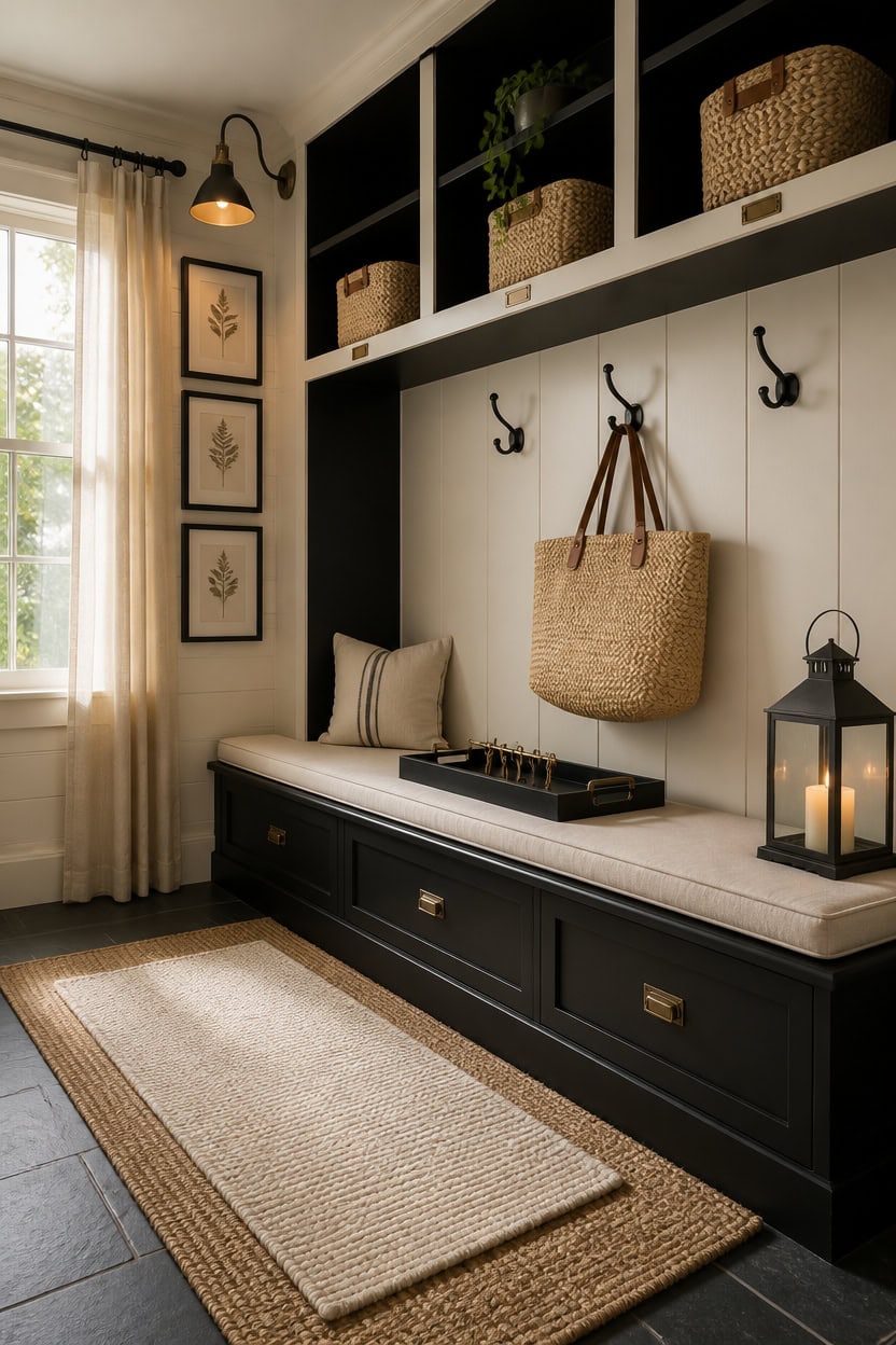 Entryway with black storage bench, wall hooks, and decorative baskets, showcasing stylish organizati.