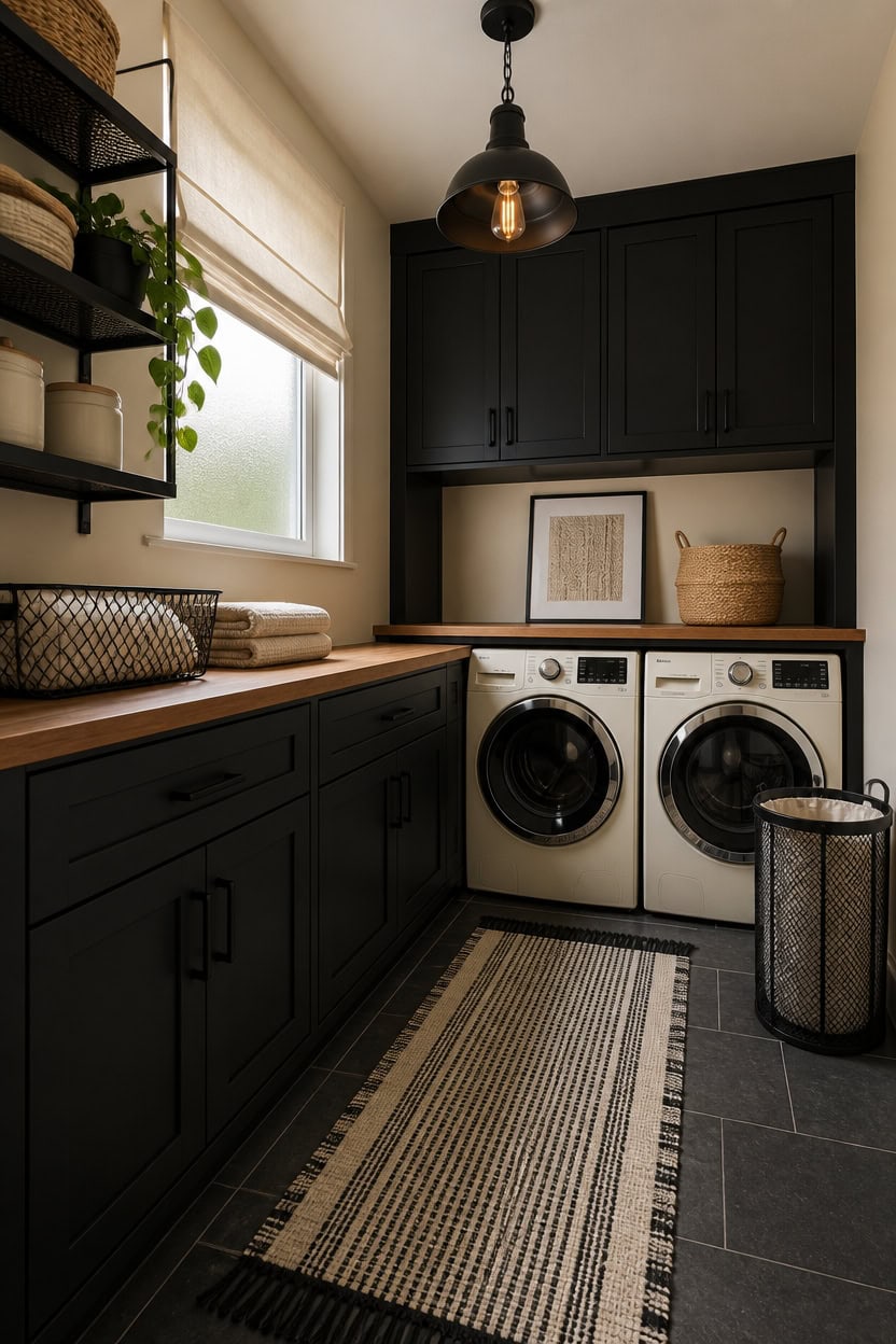 Modern laundry room with black cabinetry, washer and dryer, and natural light.