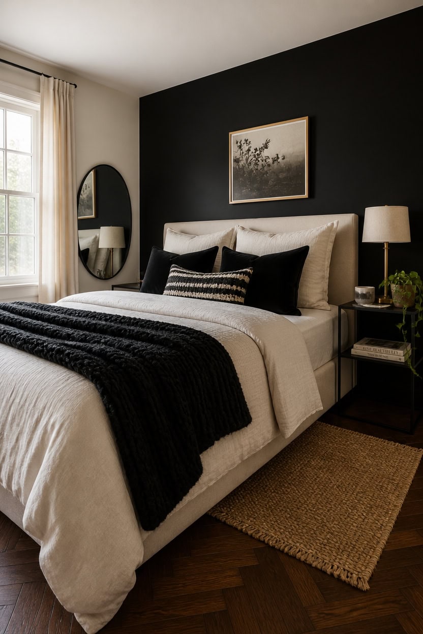 Elegant bedroom featuring a black accent wall, white bedding, and stylish decor elements.