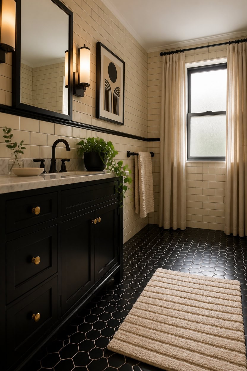 Stylish bathroom with black vanity, white subway tiles, and natural light from window.