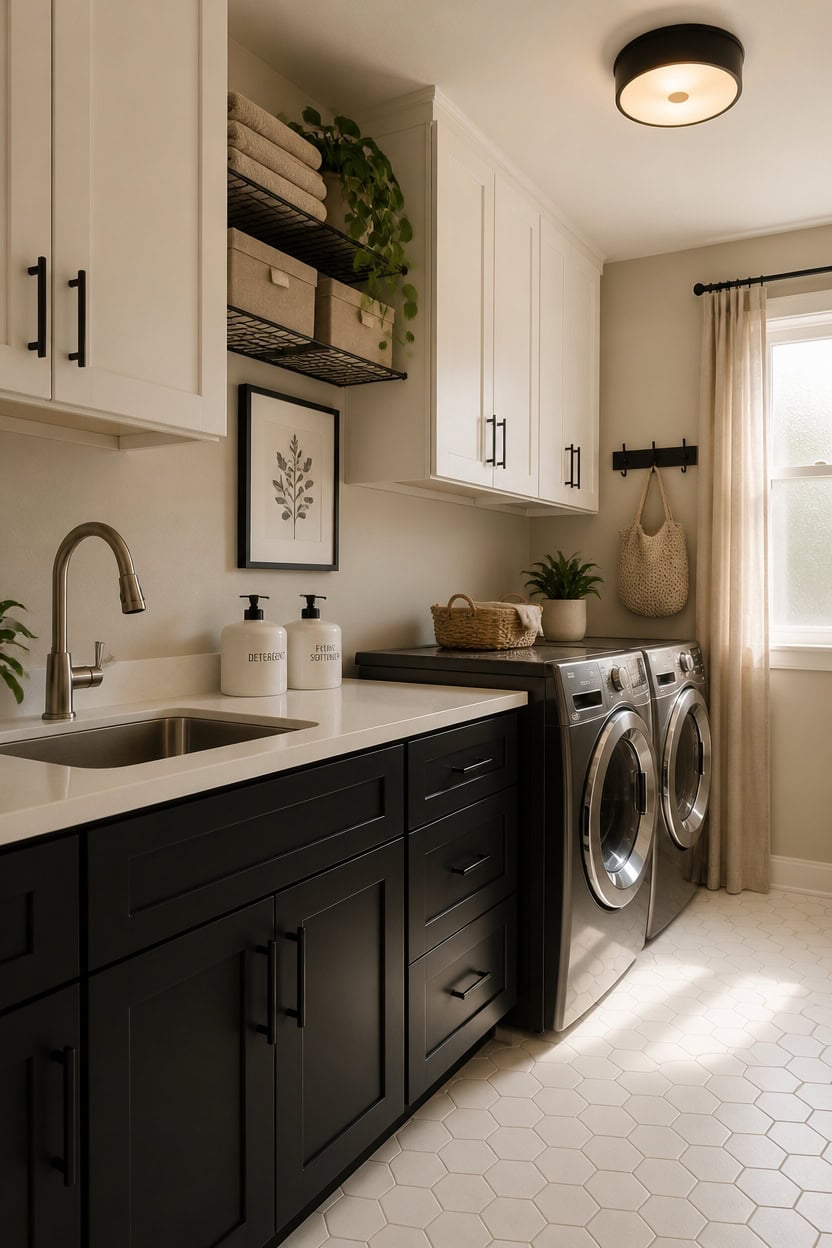 Bright laundry room featuring washer and dryer, stylish cabinetry, and cozy decor.