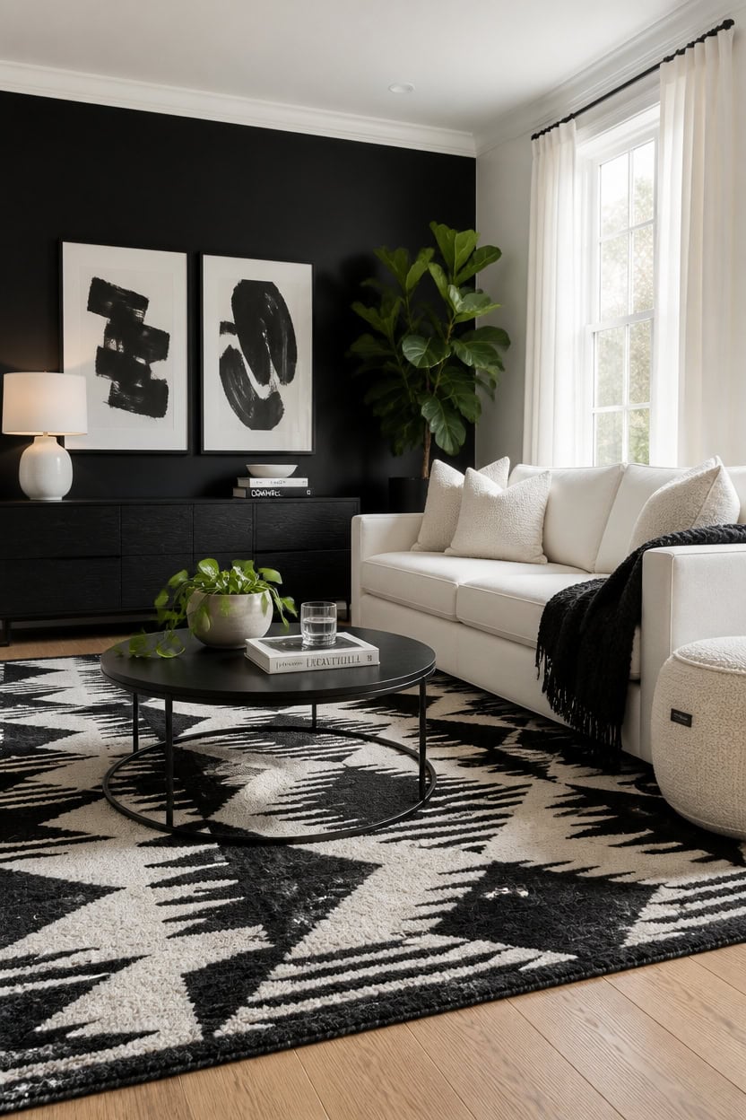 black and white anchored living room