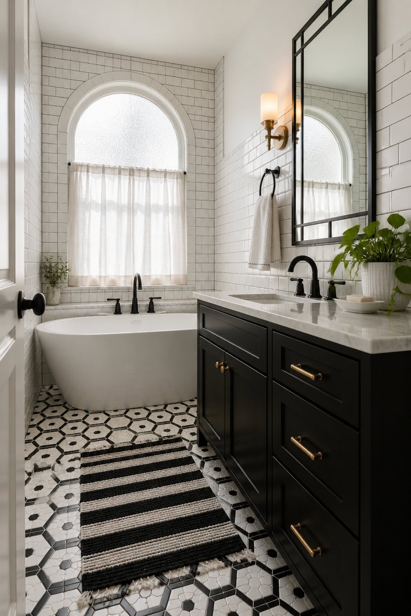 Elegant bathroom featuring a freestanding bathtub, black vanity, and large arched window with white.