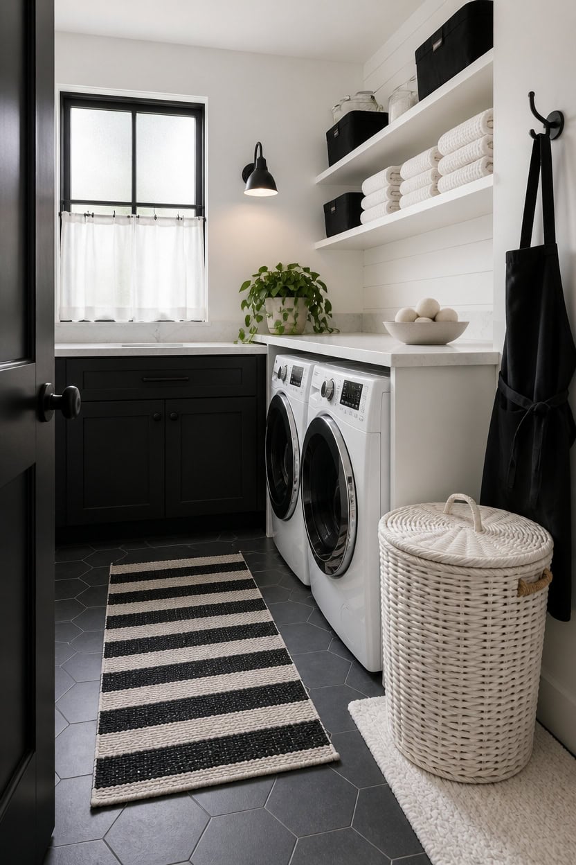 Bright laundry room with washer, shelves, and natural light.