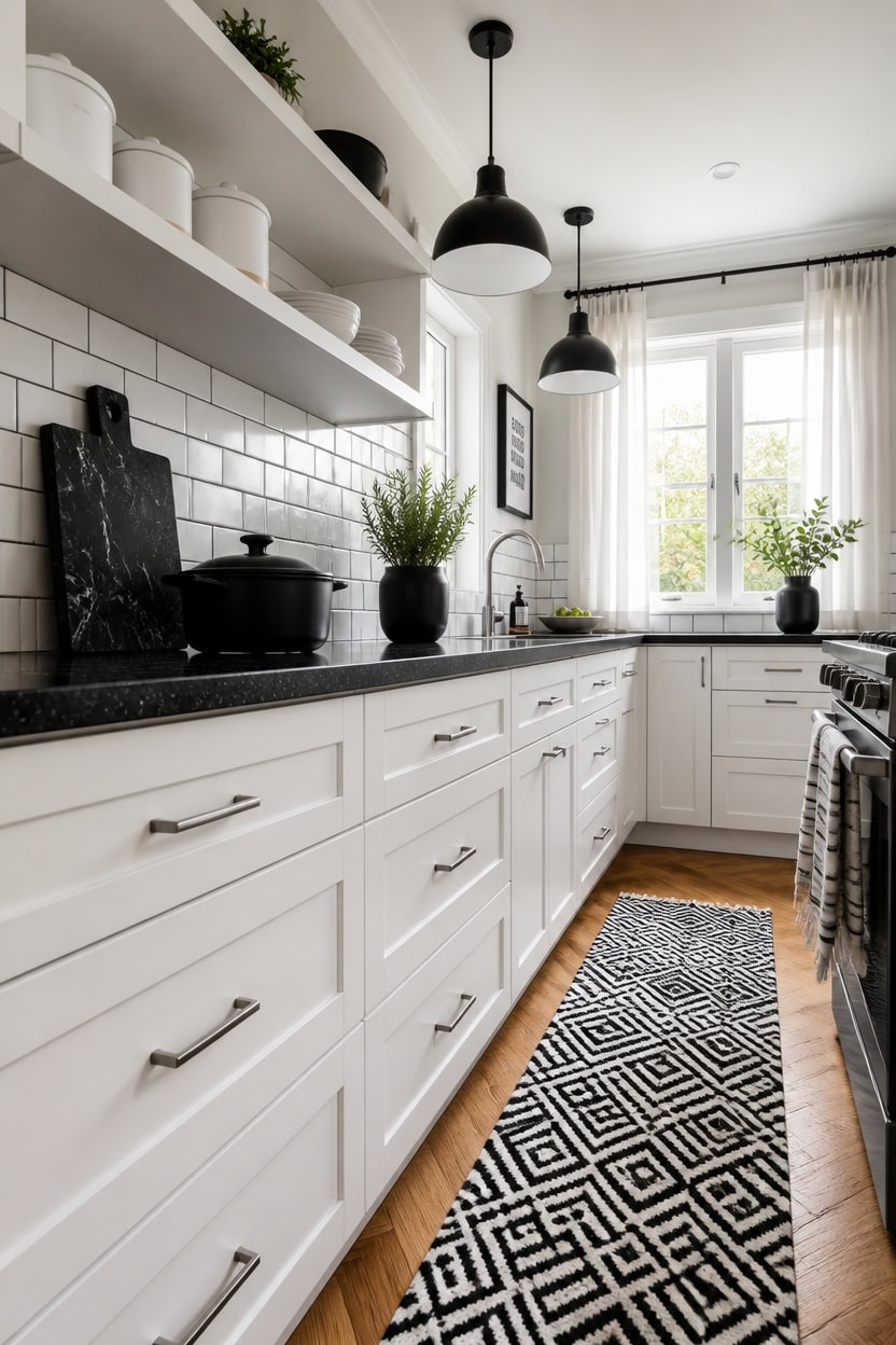 Bright and stylish kitchen featuring white cabinets, black countertops, and open shelving with decor.