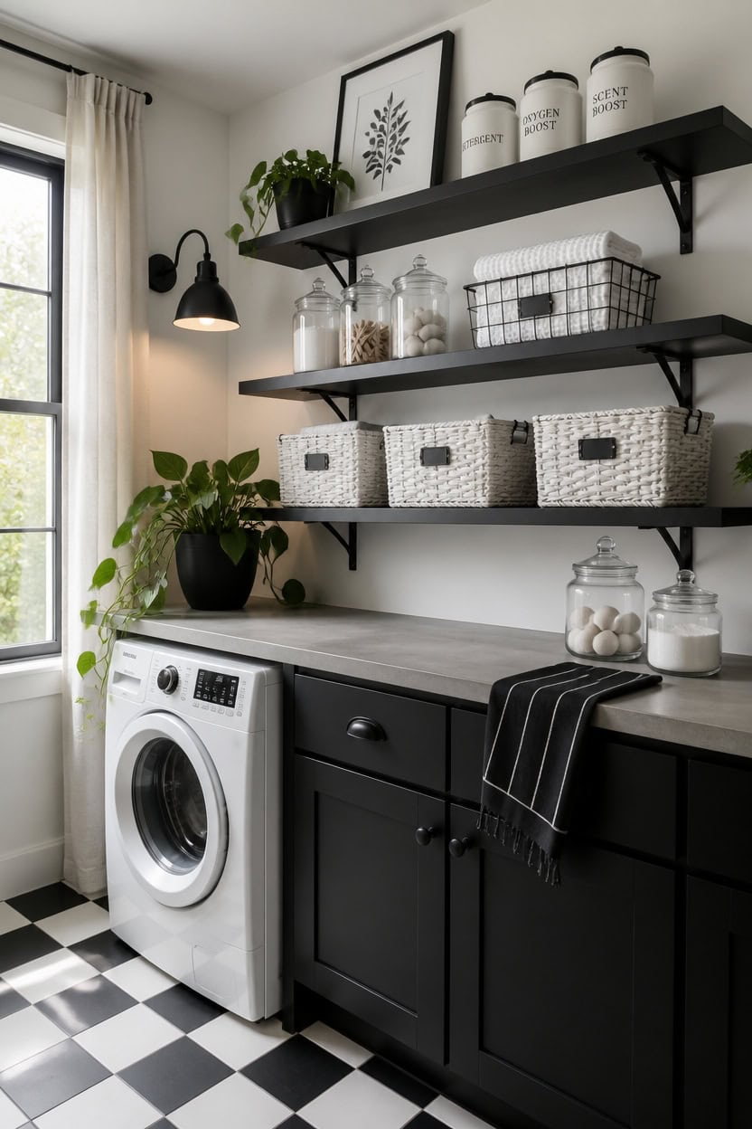 Modern laundry room with black cabinets, open shelves, and decorative storage baskets.