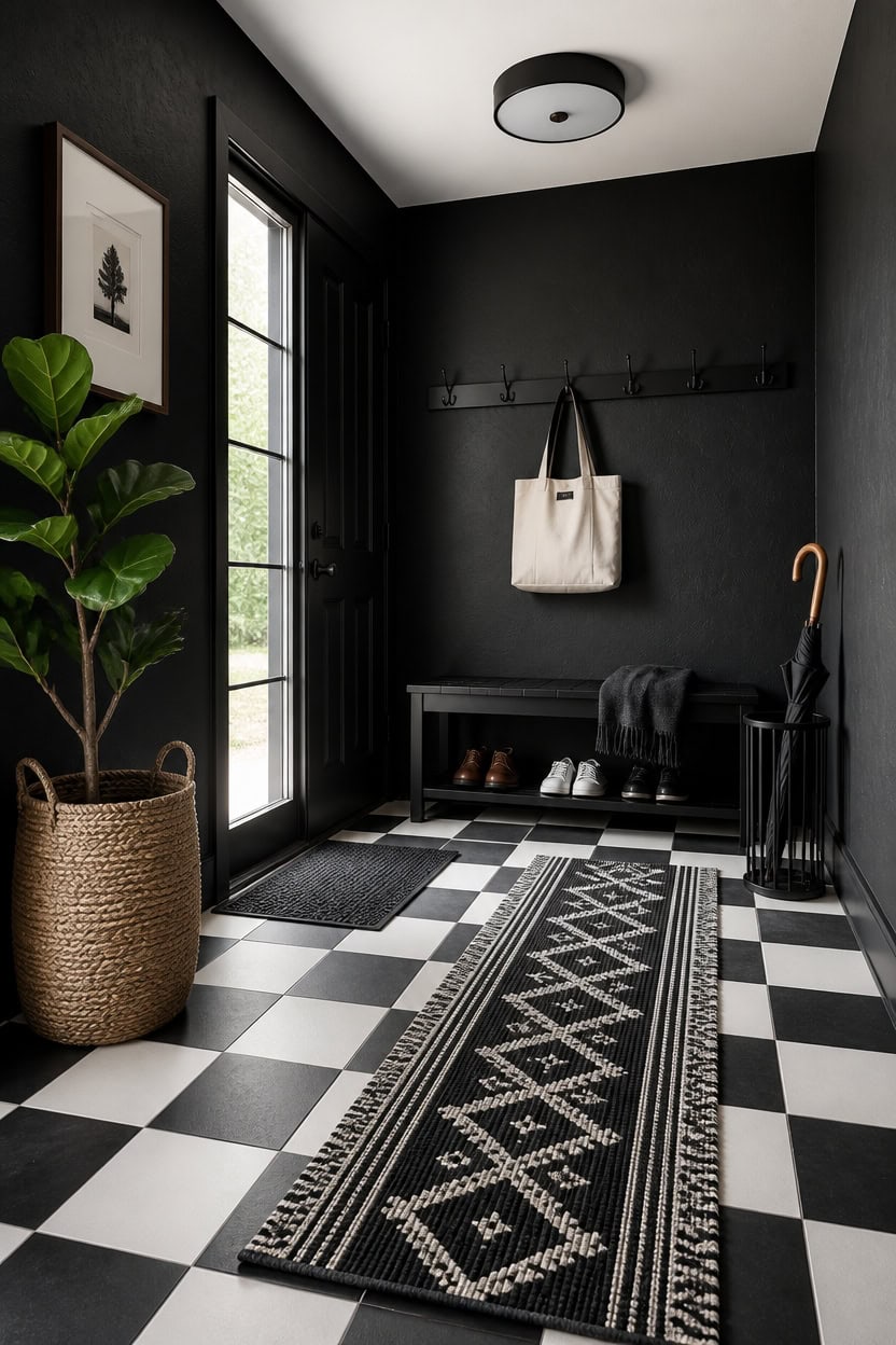 Stylish black and white entryway with checkered floor, bench, and decorative accents.