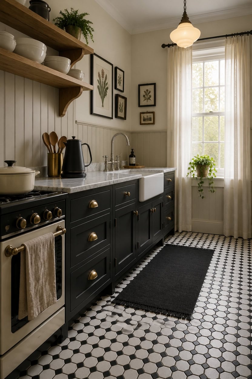 Charming vintage kitchen with dark cabinetry, open wooden shelves, and black-and-white tiled floor.