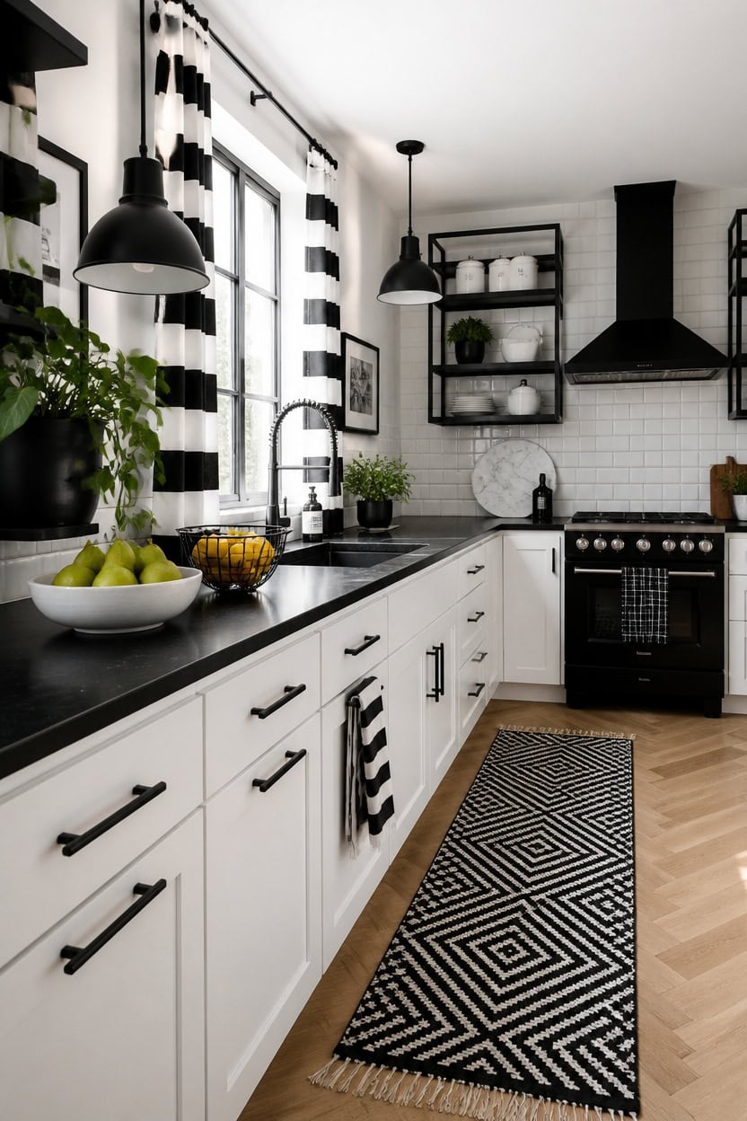 Bright black and white kitchen with contemporary design, open shelving, and cozy accents.