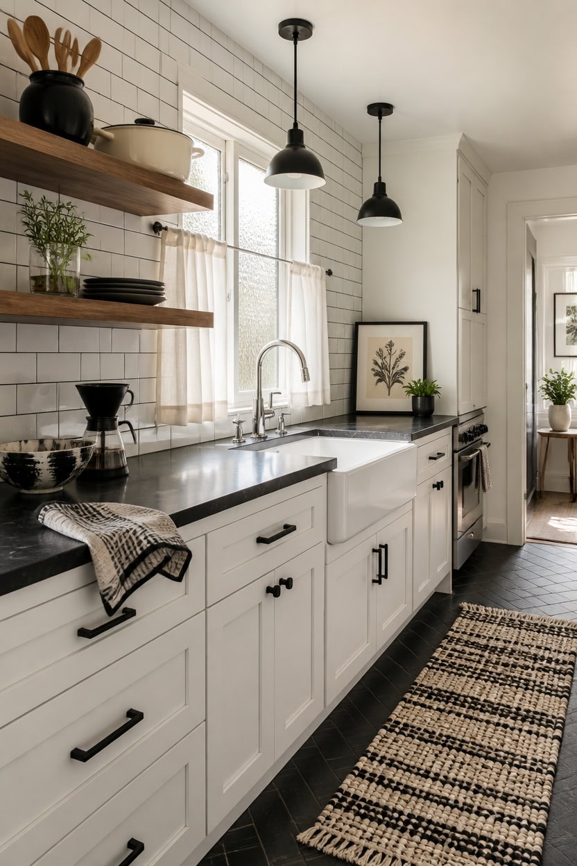 Bright, contemporary kitchen featuring white cabinetry, black hardware, open wooden shelves, and nat.