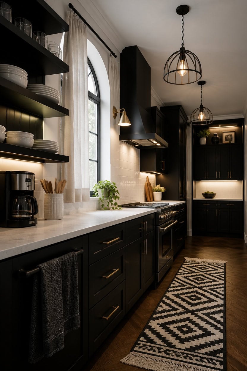 Contemporary black kitchen with open shelves, pendant lights, and marble countertops.
