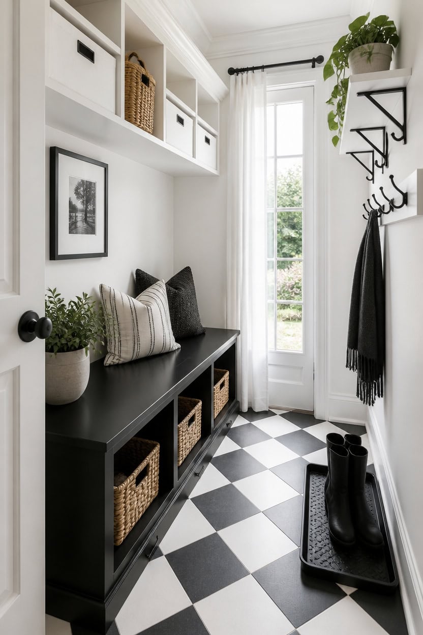 Bright entryway with black bench, storage baskets, and decorative plants.