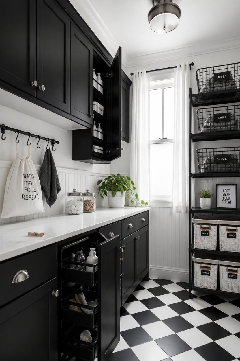 Stylish black kitchen cabinets with open shelving, checkered black and white floor, and natural ligh.