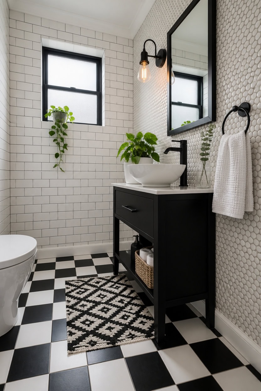 Stylish bathroom featuring a black vanity, white vessel sink, and black-and-white checkered floor.