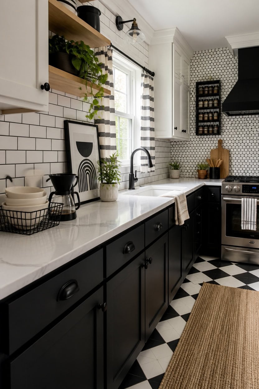 Contemporary kitchen with black cabinets, white subway tile backsplash, and open wooden shelves.