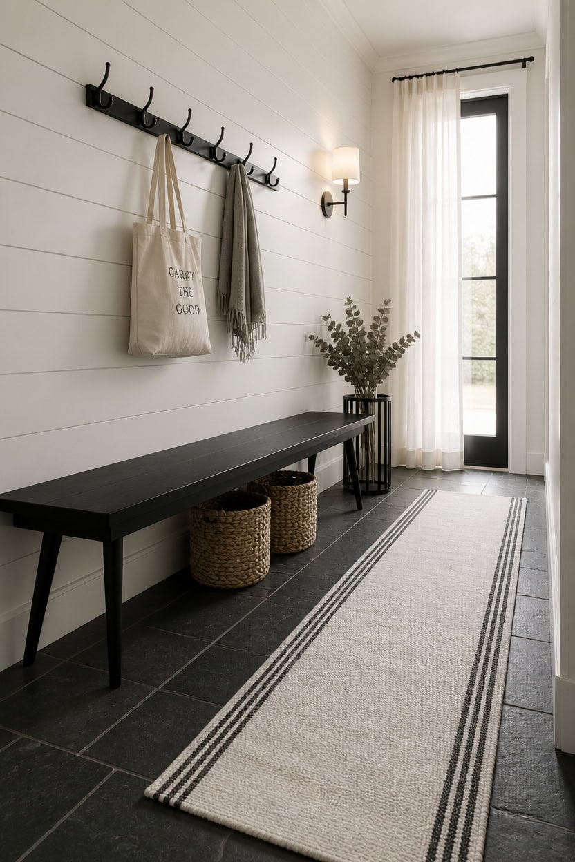 Stylish entryway with black bench, wall hooks, and natural light from large window.