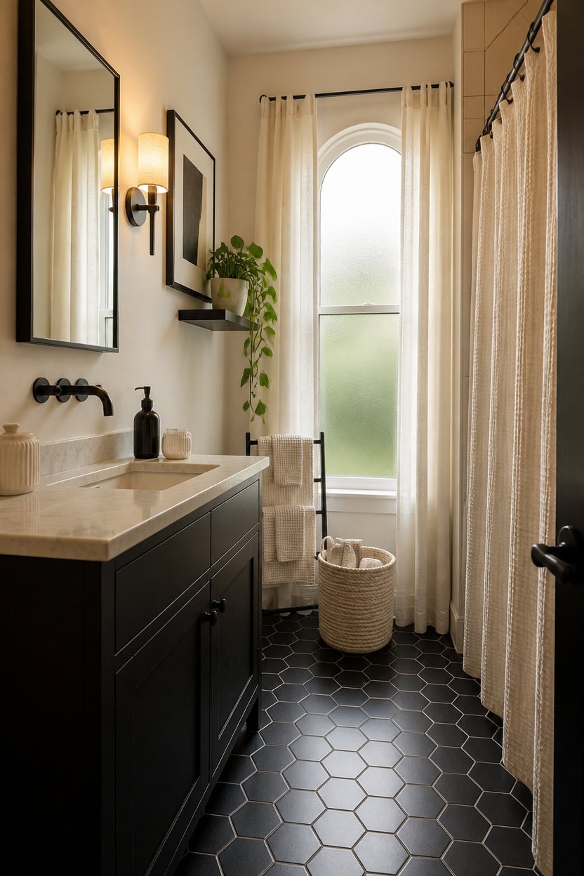 Bathroom with black vanity, hex tile floor, and natural light from arched window.