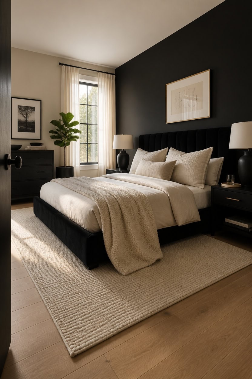 Bright bedroom featuring a black accent wall, large window with white curtains, and cozy bedding. Pe.
