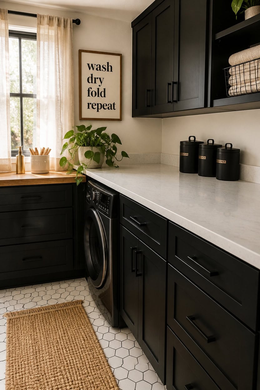 Elegant laundry room with black cabinetry, washer, and natural light for a stylish home.