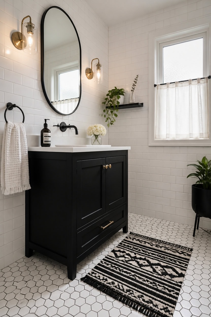 Stylish black bathroom vanity with white tile walls, mirror, and natural light.