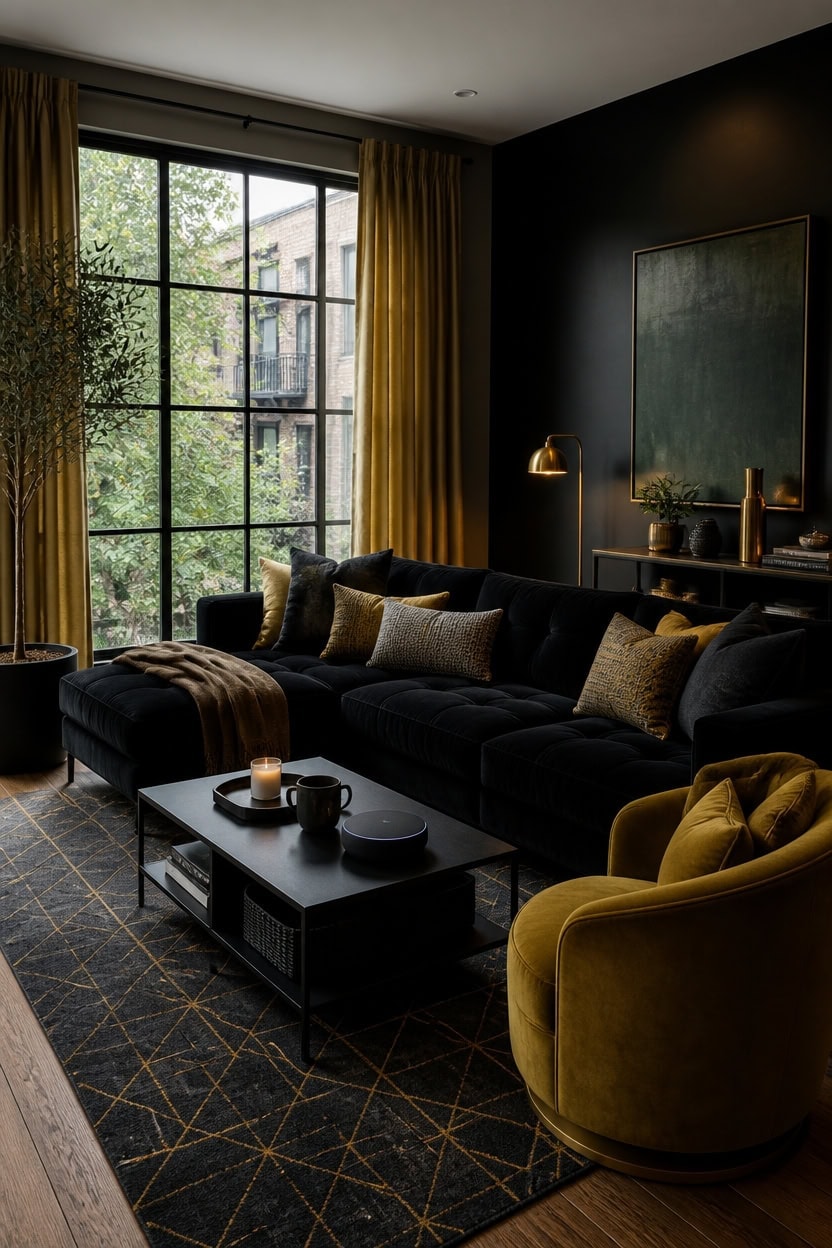black gold luxe livingroom
