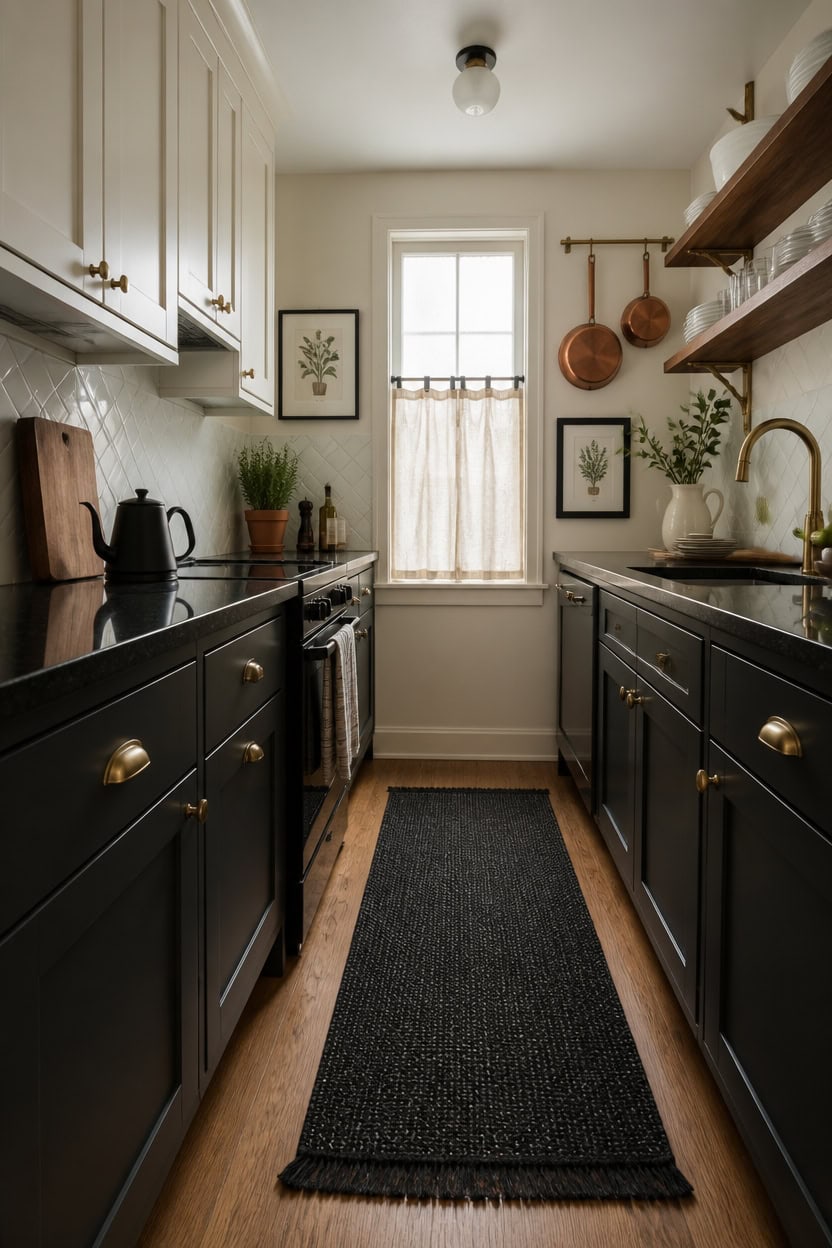 Bright kitchen with black cabinetry and open shelving.