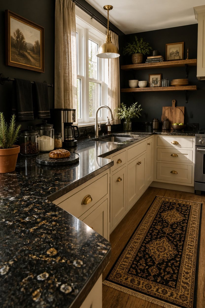 Bright kitchen with black granite countertops, white cabinets, and open shelving. Features a window,.