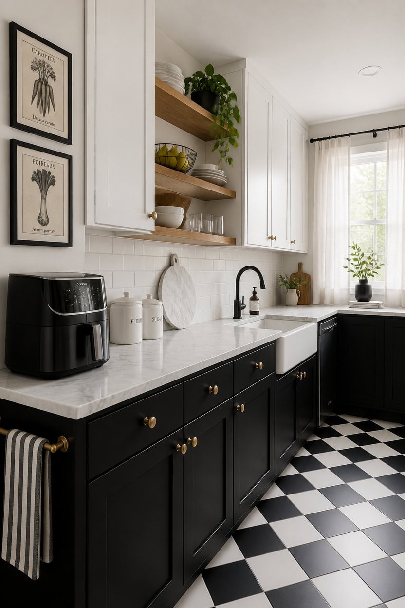 Stylish kitchen featuring black cabinets, white countertops, open wooden shelves, and natural light.