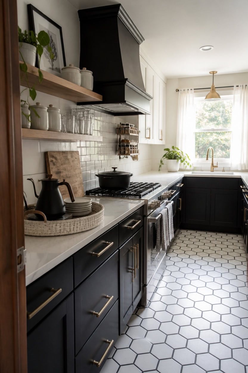 Bright kitchen featuring black lower cabinets, white upper cabinets, and a white tiled backsplash. N.